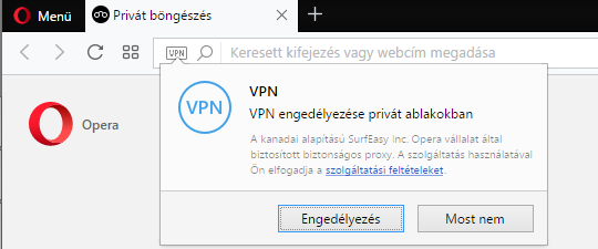 Opera böngésző - VPN engedélyezése